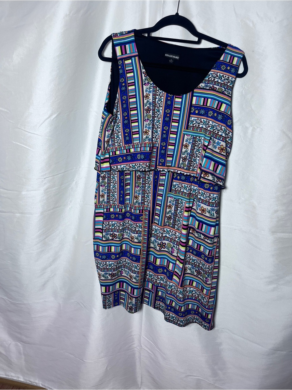 Nina Leonard Blue Multi-Stripe and Floral Sleeveless Mini Dress